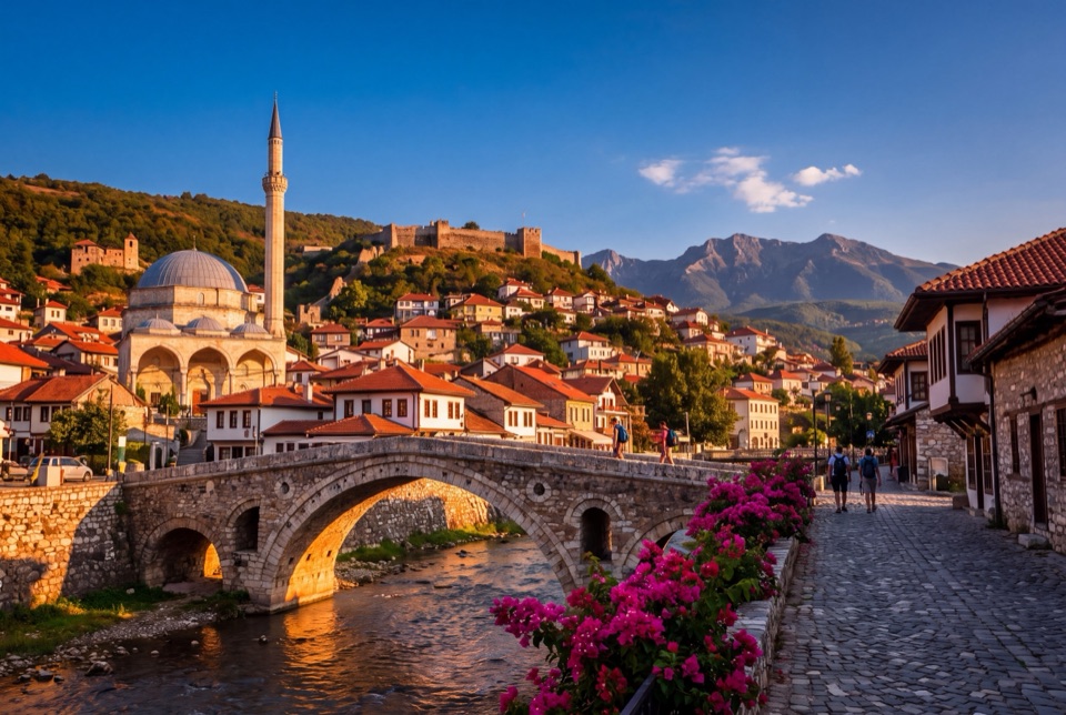 Prizren'de taş köprü, Sinan Paşa Camii ve yamaçtaki kale