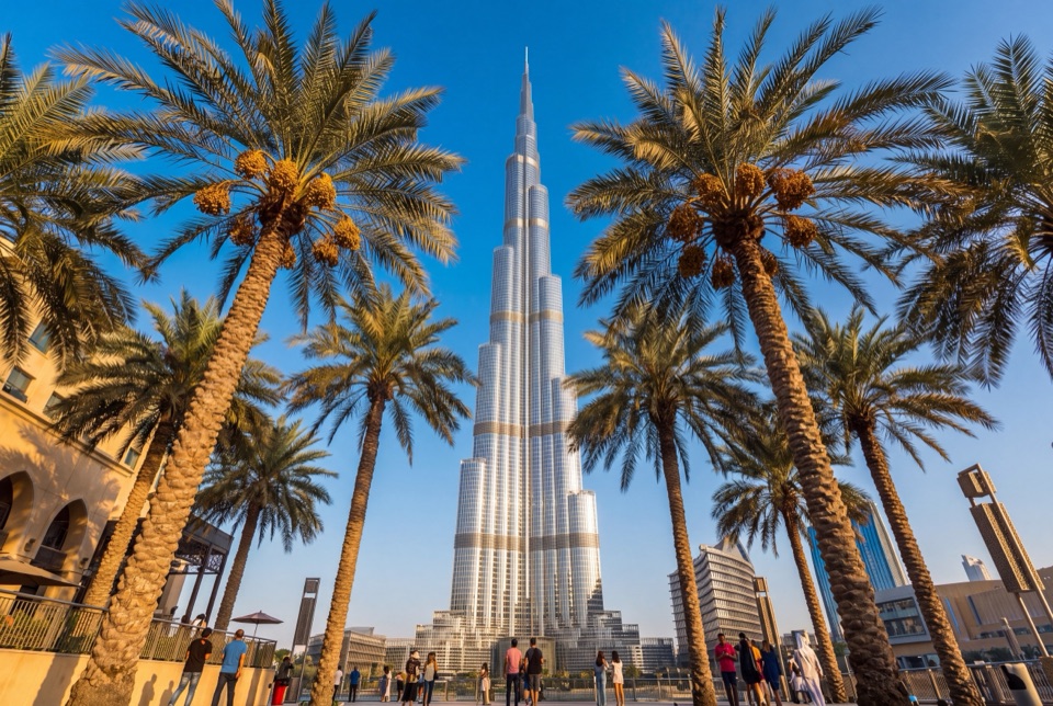 Palmiyeler arasından aşağıdan bakışla Burj Khalifa, akşam ışığı