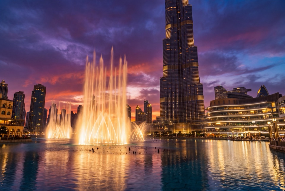 Akşam Dubai Fountain gösterisi ve ışıklı Burj Khalifa