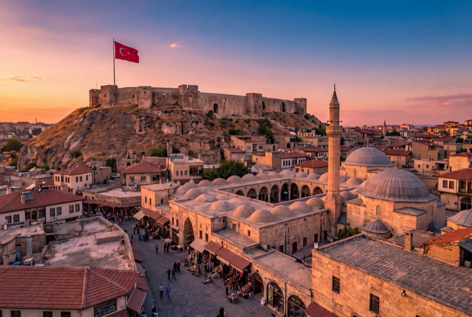 Gün batımında Gaziantep Kalesi, cami minaresi ve tarihi han kubbeleri