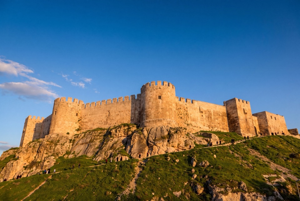 Gün batımı ışığında Gaziantep Kalesi'nin taş surları