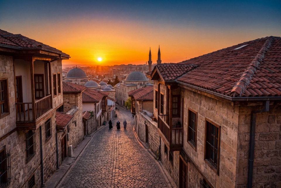 Gaziantep'te taş evler arasından inen sokak ve ufukta cami minareleri