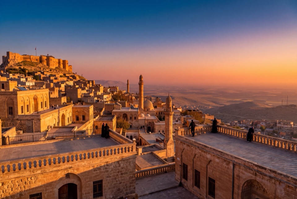 Gün batımında Mardin'in teraslı taş evleri ve uzanan Mezopotamya Ovası