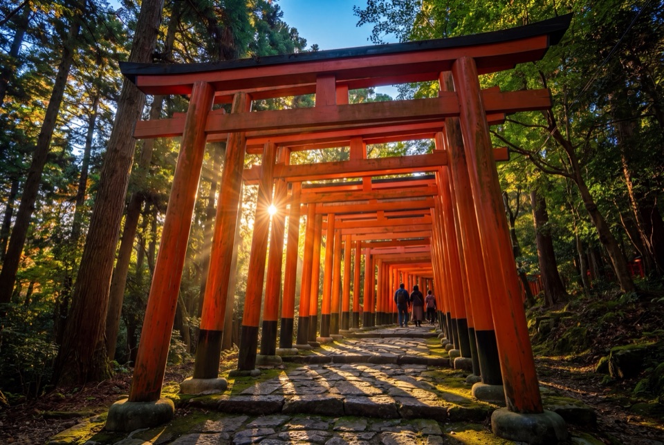 Fushimi Inari'de güneş ışığı süzülen kırmızı torii tüneli