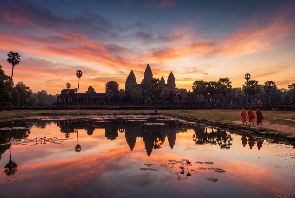 Gün doğumunda Angkor Wat'ın beş kulesi ve göldeki yansıması