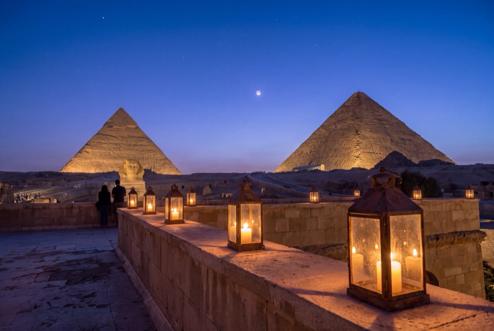 Gece ışıklandırılmış Giza piramitleri
