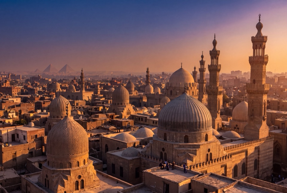 Gün batımında Kahire'nin kubbe ve minareleri, ufukta Giza piramitleri