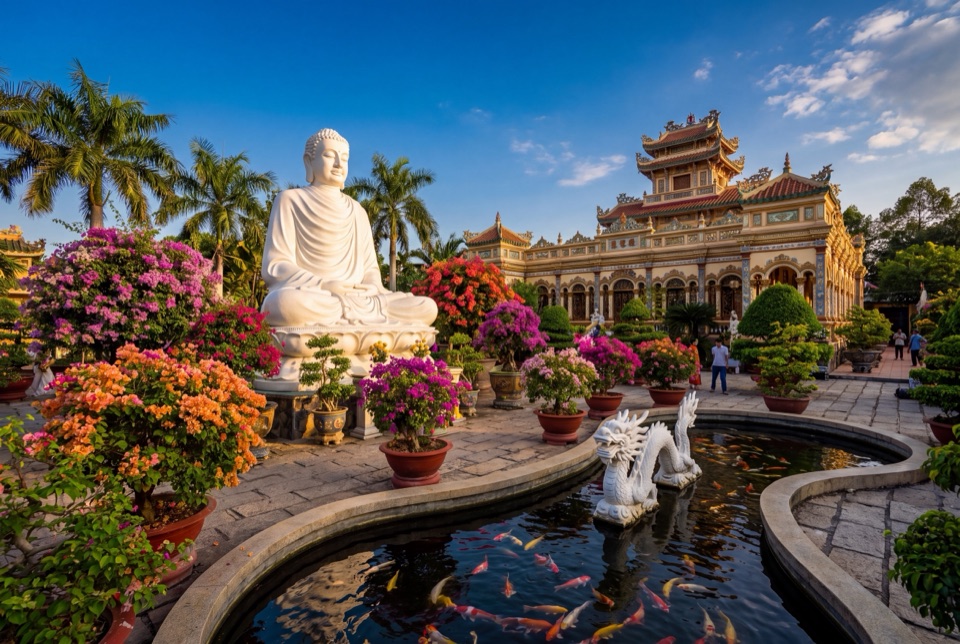 Vinh Trang Pagodası'nın bahçesinde beyaz Buda heykeli ve havuz
